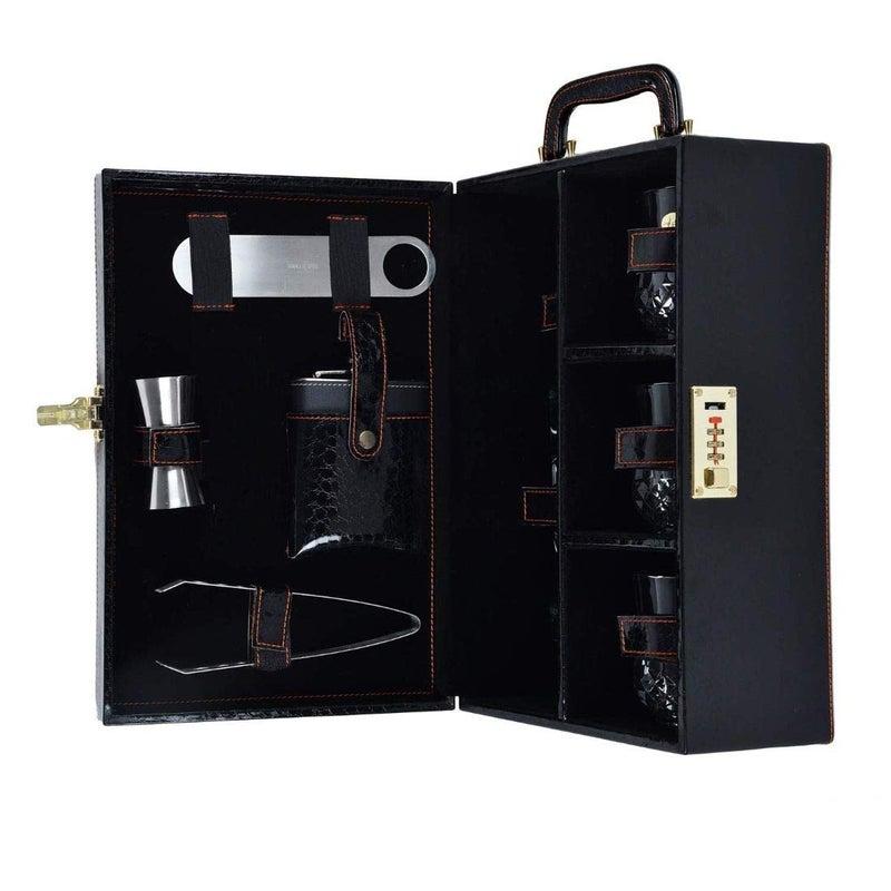 Kidoyzz Kidoyzz 3 Glasses Premium Mega Bar Set with Stylish Bottle Opener Portable Leatherette Bar Set for Picnic Travel Car Croc Black  - Image 2