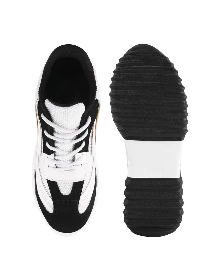 Shoetopia Chunky Platform Sneakers for Women – White & Black Colorblock || Lace-Up Athletic Shoes with Wavy Sole Design Casual and Party EU37 - Image 5