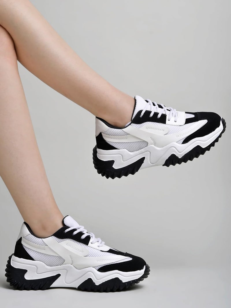 Shoetopia Chunky Platform Sneakers for Women – White & Black Colorblock || Lace-Up Athletic Shoes with Wavy Sole Design Casual and Party EU37 - Image 2