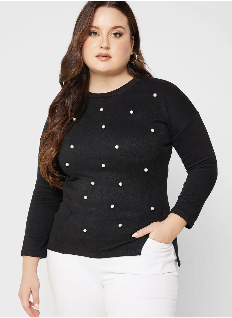 Ginger Plus Pearl Detail Slit Hem Sweatshirt