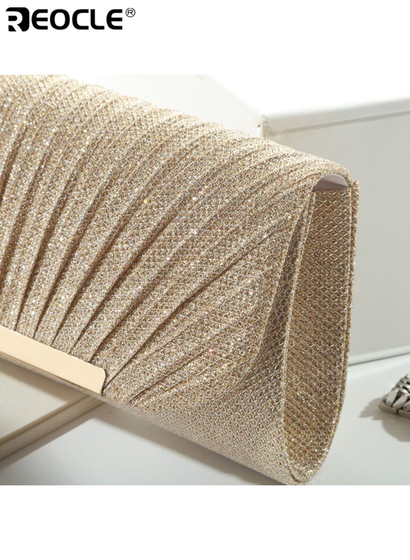 REOCLE Women's Elegant Evening Clutch with  Embellishment and Pleated Design Ladies Chain Wallet with Fashionable Detail for Dance Party Events - Image 5