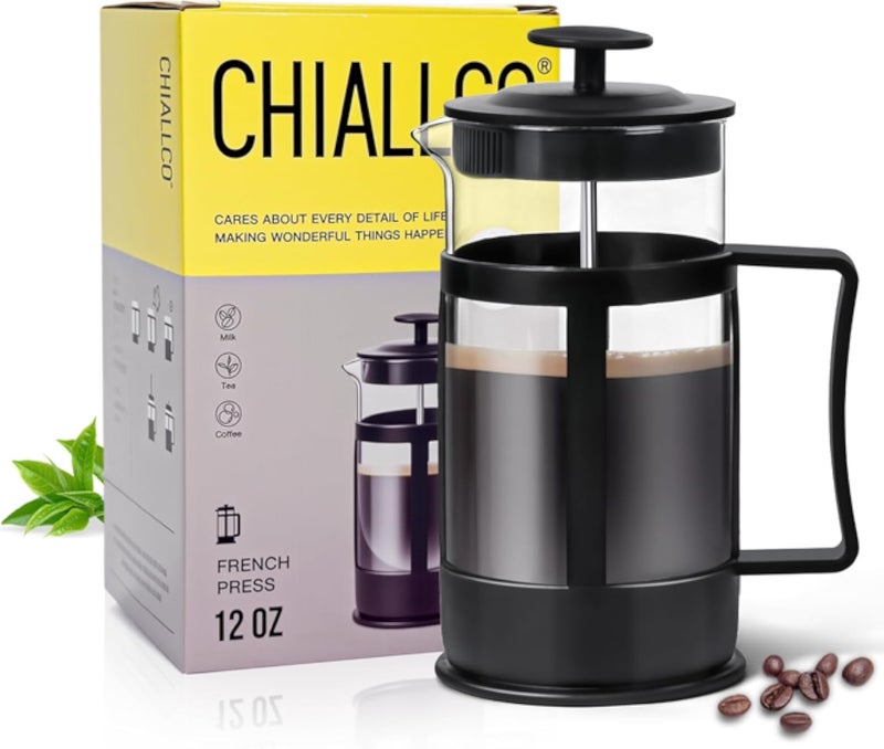 ماكينة تحضير القهوة الفرنسية الصغيرة، مقاومة للحرارة، مصنوعة من زجاج البوروسيليكات السميك، مكبس قهوة كلاسيكي من الفولاذ المقاوم للصدأ، سعة 12 أونصة، لتحضير القهوة الساخنة والباردة، مكبس شاي، مناسبة للمطبخ والسفر والتخييم - أسود