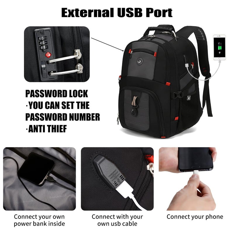 SHRRADOO SHRRADOO Extra Large 50L Travel Laptop Backpack with USB Charging Port, College High School Backpack Airline Approved Business Work Bag Fits 17 Inch Computer for Men Women  - Image 2