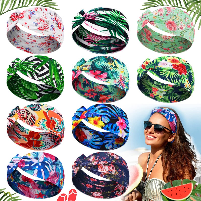 Jutom 10 Pcs Women's Headbands Beach Boho Headbands Summer Hawaii Knotted Hair Band Elastic Tropical Turban Floral Vintage Head Wrap Bohemian Twisted Criss Yoga Accessories for Women - Image 1