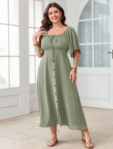 SHESTARR Plus Size Summer Dress Short Sleeve Square Neck Tie Front Smocked Button Down Flowy A-line Boho Maxi Long Dresses Sage Green - Image 4