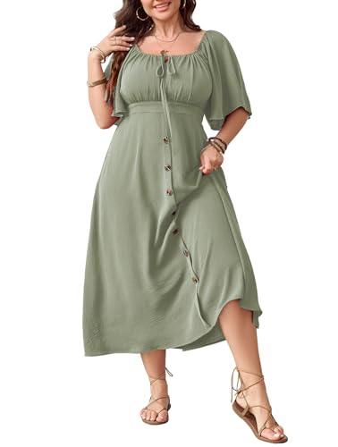 SHESTARR Plus Size Summer Dress Short Sleeve Square Neck Tie Front Smocked Button Down Flowy A-line Boho Maxi Long Dresses Sage Green - Image 1