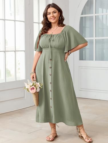 SHESTARR Plus Size Summer Dress Short Sleeve Square Neck Tie Front Smocked Button Down Flowy A-line Boho Maxi Long Dresses Sage Green - Image 5