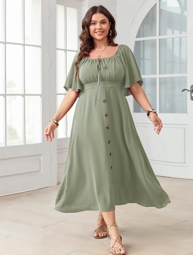 SHESTARR Plus Size Summer Dress Short Sleeve Square Neck Tie Front Smocked Button Down Flowy A-line Boho Maxi Long Dresses Sage Green - Image 3