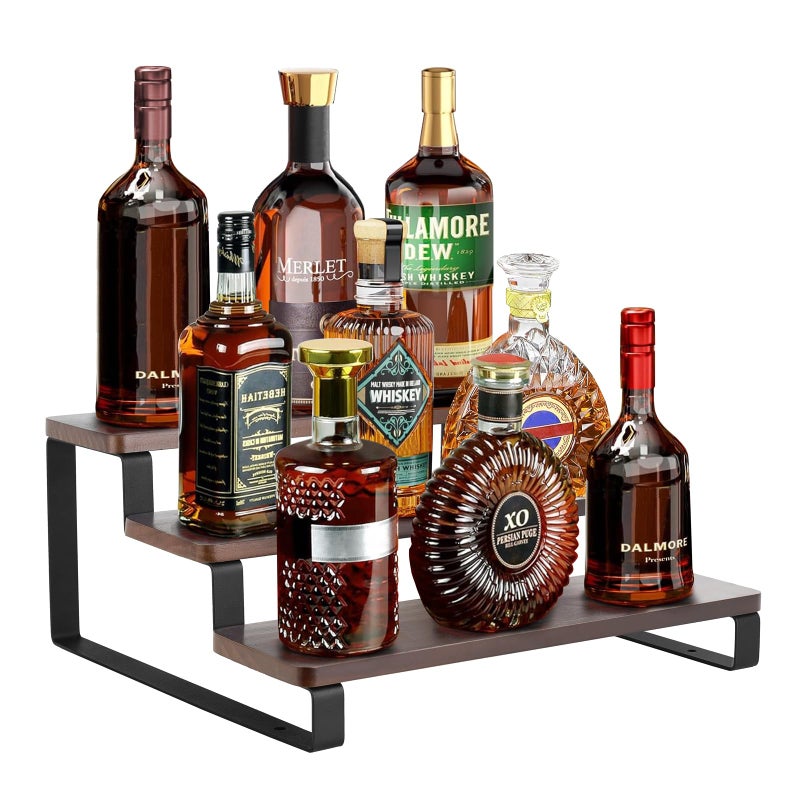 Mkono Small Liquor Bottle Display Shelf 3 Tier Coffee Bar Accessories Rustic Syrup Stand Wine Racks Countertop for Whiskey Tabletop Kitchen,13 Inch - Image 1