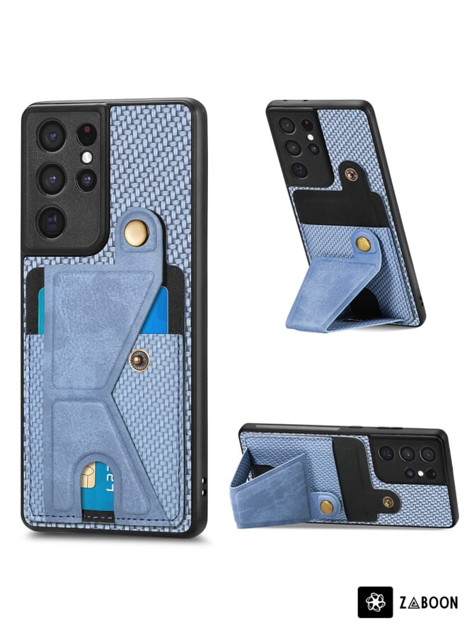 Zaboon Protective Case Cover For Samsung Galaxy S21 Ultra 5G Carbon Fiber Wallet Flip Card K-shaped Holder - Image 1