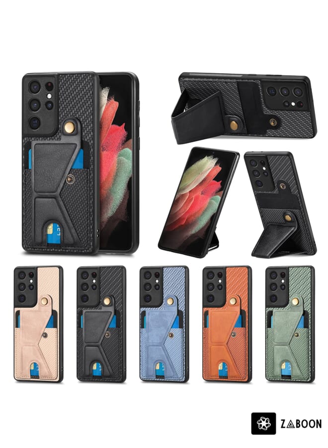 Zaboon Protective Case Cover For Samsung Galaxy S21 Ultra 5G Carbon Fiber Wallet Flip Card K-shaped Holder - Image 5