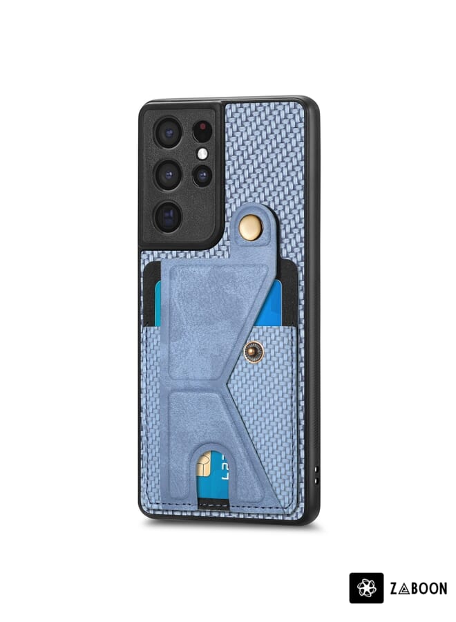 Zaboon Protective Case Cover For Samsung Galaxy S21 Ultra 5G Carbon Fiber Wallet Flip Card K-shaped Holder - Image 2