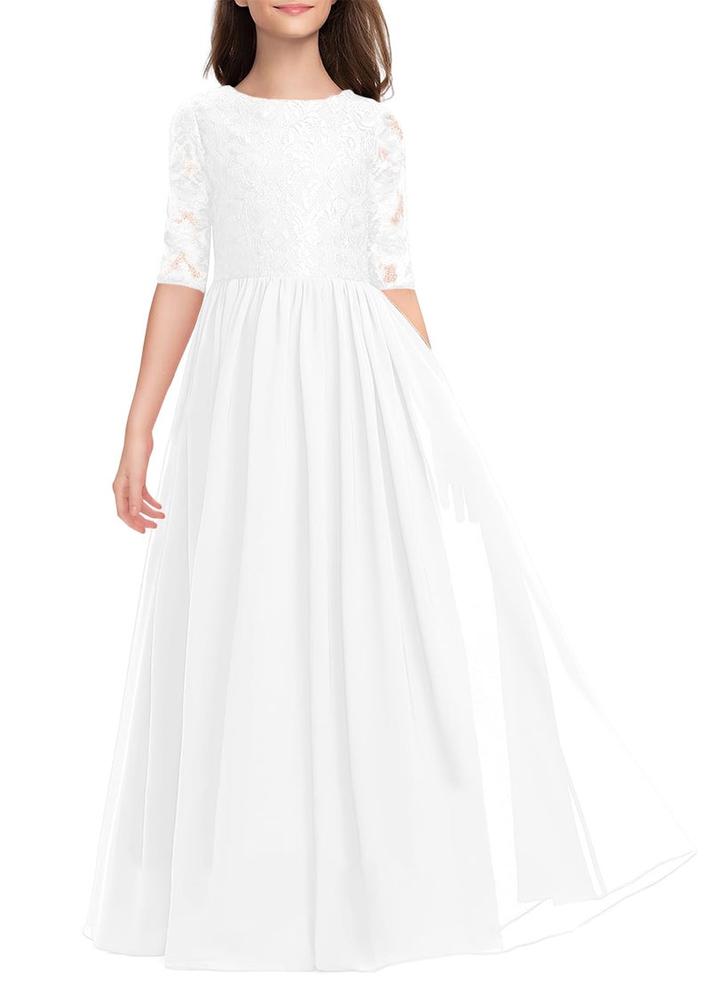 HOSIKA Flower Girls Elegant Vintage Lace Chiffon A-Line Formal Birthday Wedding Party Floor Length Dress White 10-11 Years - Image 1