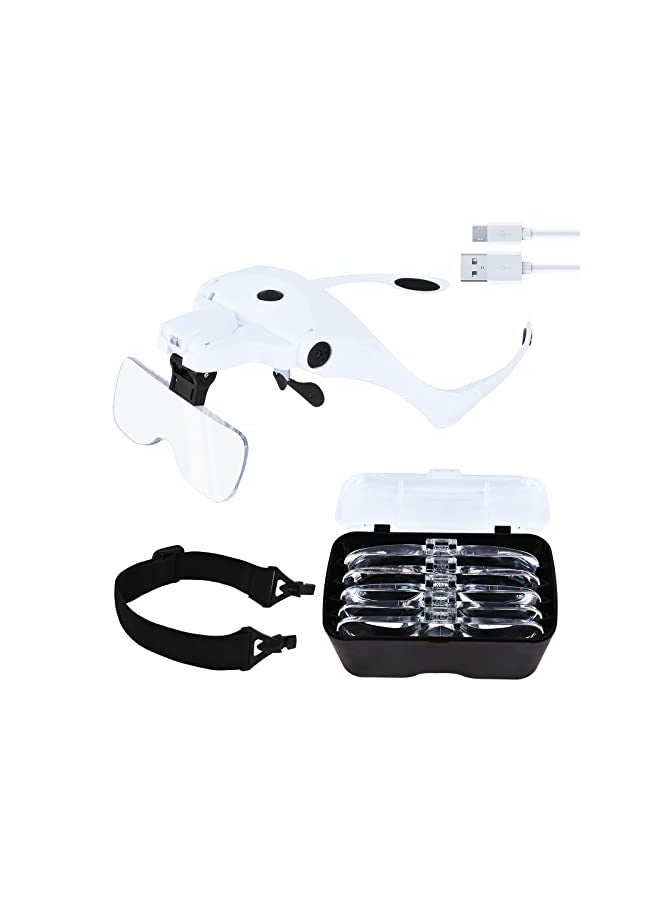 NZQXJXZ Hands Free Headband Magnifying Glass, USB Charging Head Magnifier with LED Light Jewelry Craft Watch Hobby 5 Lenses 1.0X 1.5X 2.0X 2.5X 3.5X (Upgraded Version) - Image 1