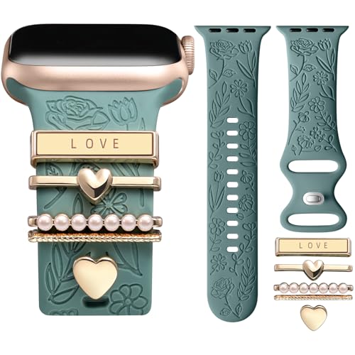 DaQin Flower Engraved Band Compatible with Apple Watch Bands 44mm 42mm 45mm 46mm for Women, Soft Silicone Strap With Decorative for Apple Watch Charms for iWatch Series 11 10 9 8 7 6 5 4 3 2 1 SE - Image 1