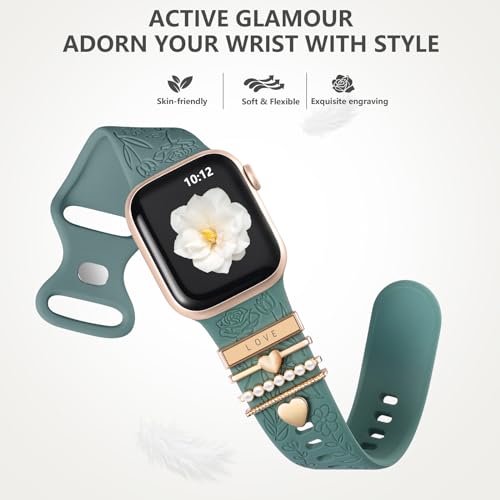 DaQin Flower Engraved Band Compatible with Apple Watch Bands 44mm 42mm 45mm 46mm for Women, Soft Silicone Strap With Decorative for Apple Watch Charms for iWatch Series 11 10 9 8 7 6 5 4 3 2 1 SE - Image 5