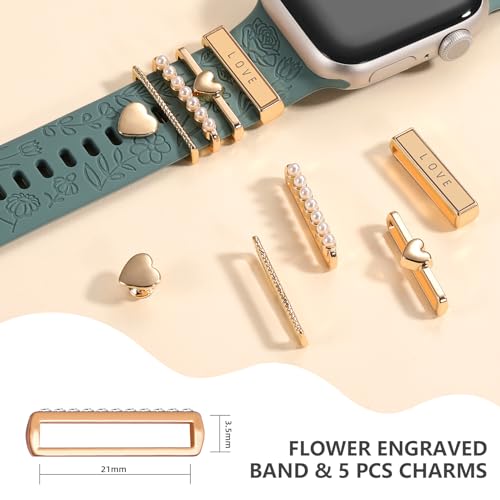 DaQin Flower Engraved Band Compatible with Apple Watch Bands 44mm 42mm 45mm 46mm for Women, Soft Silicone Strap With Decorative for Apple Watch Charms for iWatch Series 11 10 9 8 7 6 5 4 3 2 1 SE - Image 4