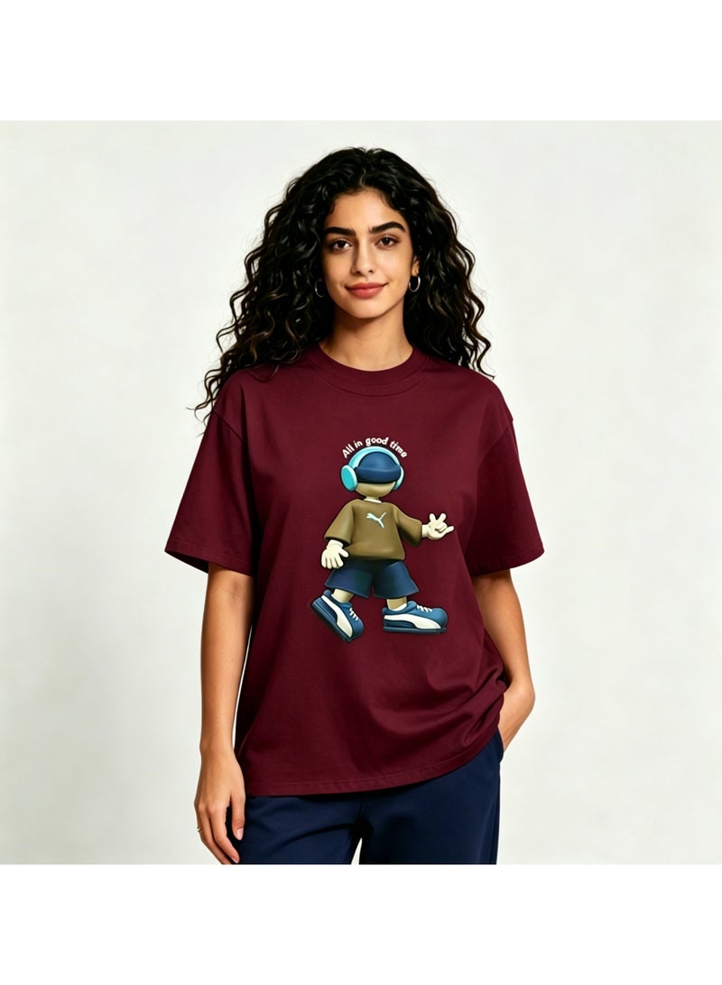 Puma "All in Good Time" 3D Cartoon Character Cotton Burgundy T-Shirt-XXXXXXL - Image 2