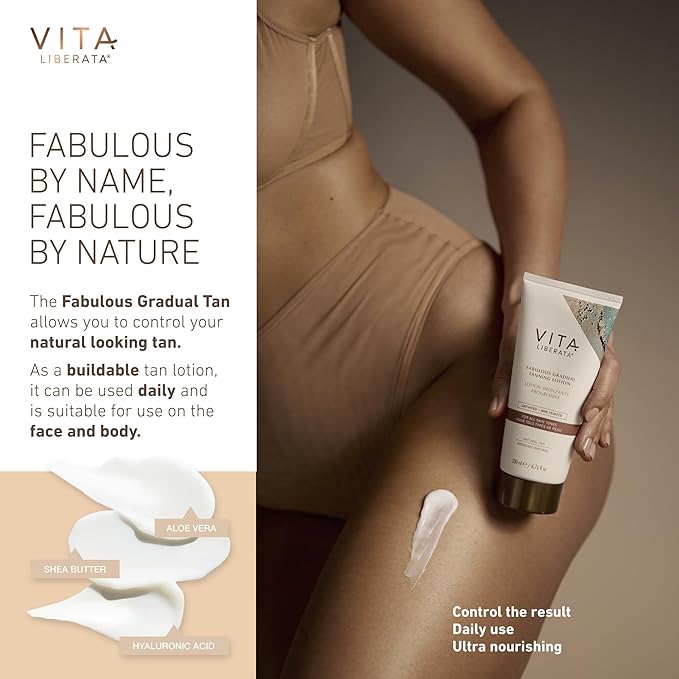 Vita Liberata لوشن تان تدريجي فابولوس من فيتا ليبراتا 100 مل مع قفاز ذات وجهين لتان ذاتي مرطب للغاية مع حمض الهيالورونيك مصمم للوجه والجسم تركيبة قابلة للبناء خالية من الخطوط النهائية الدائمة - Image 3