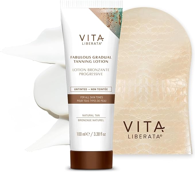 Vita Liberata لوشن تان تدريجي فابولوس من فيتا ليبراتا 100 مل مع قفاز ذات وجهين لتان ذاتي مرطب للغاية مع حمض الهيالورونيك مصمم للوجه والجسم تركيبة قابلة للبناء خالية من الخطوط النهائية الدائمة - Image 1