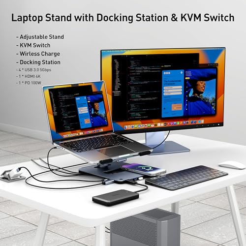 BENFEI Laptop Stand with USB C 6in1 Docking Station, 15W Magnetic Wireless Charger, USB 3.0 KVM Switch, HDMI 4K@60Hz, 4*USB3.0, 100 PD Compatible with MacBook Pro/Air, iPad Pro, XPS, Thinkpad - Image 2
