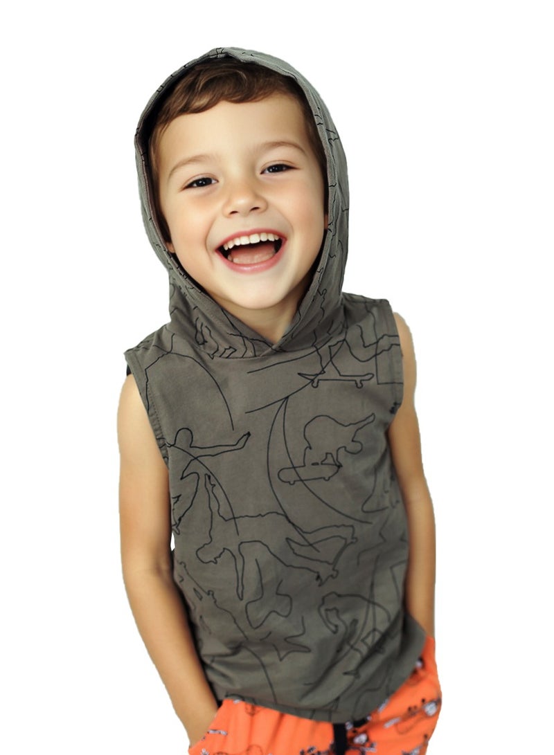 ويني بي سترة للأولاد بدون أكمام بغطاء للرأس وخزان ملابس أطفال للأولاد وقميص جرافيكي من عمر 2 إلى 6 سنوات - Image 1