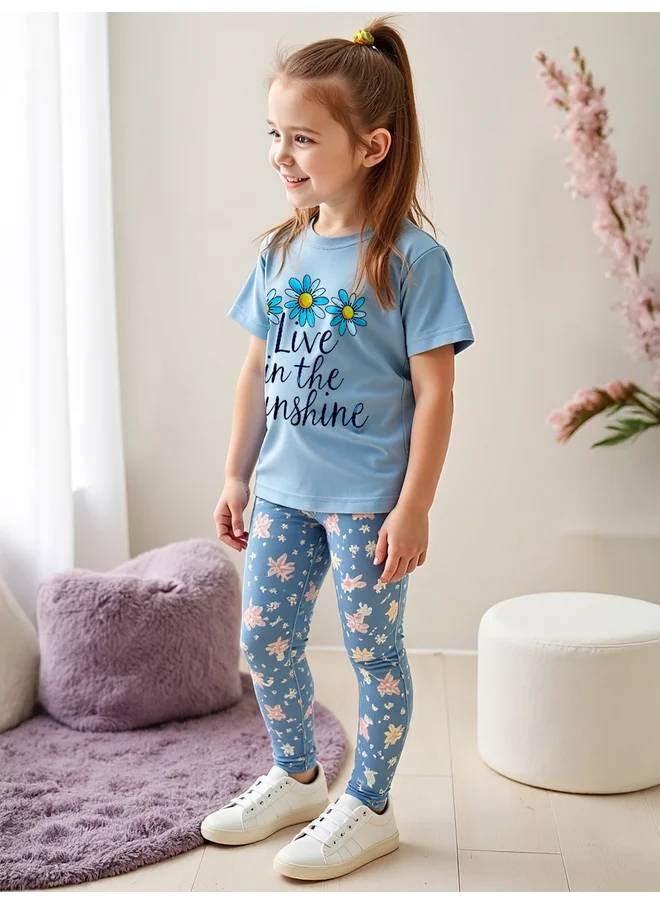 تايك تو Take Two Kids 2pcs Graphic Print Short Sleeve T-Shirt and Flora Print Leggings