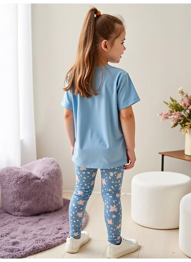 تايك تو Take Two Kids 2pcs Graphic Print Short Sleeve T-Shirt and Flora Print Leggings