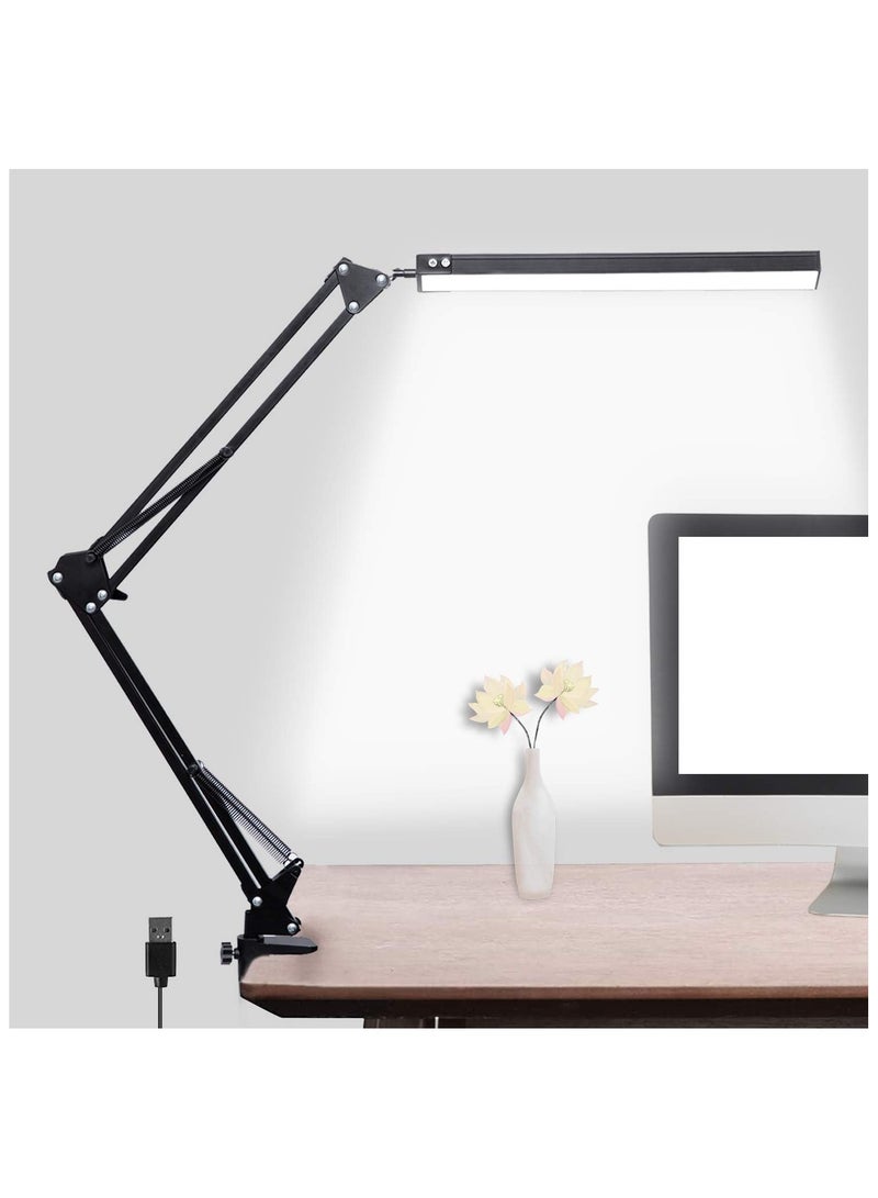 NNEWVANTE مصباح مكتب LED، مصباح ذراع متأرجح قابل للتعديل مع مشبك، ضوء قراءة يحافظ على العين، 10 مستويات سطوع، 3 أوضاع إضاءة، مصابيح بوظيفة الذاكرة لمكتب المنزل (أسود) - Image 1