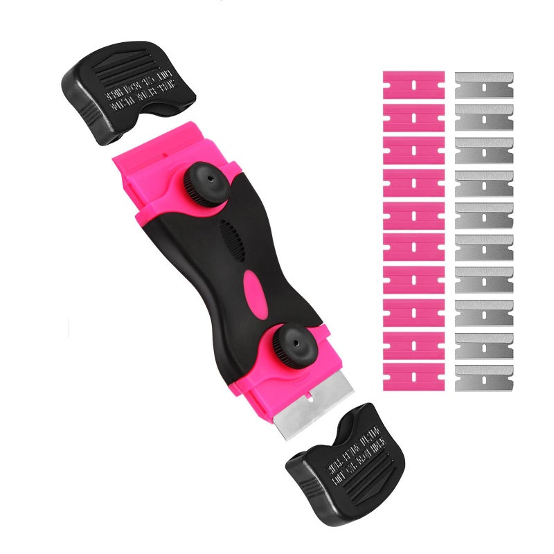Viadom Razor Blade Scraper Tool, Cleaning Scraper Tool with 20Pcs Metal & Plastic Razor Blades, Multi-Purpose Razor Glass Scraper for Windows,Decals,Stickers,Labels,Adhesive,Cooktop,Paint Removal, Pink - Image 1