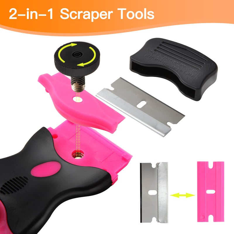 Viadom Razor Blade Scraper Tool, Cleaning Scraper Tool with 20Pcs Metal & Plastic Razor Blades, Multi-Purpose Razor Glass Scraper for Windows,Decals,Stickers,Labels,Adhesive,Cooktop,Paint Removal, Pink - Image 2
