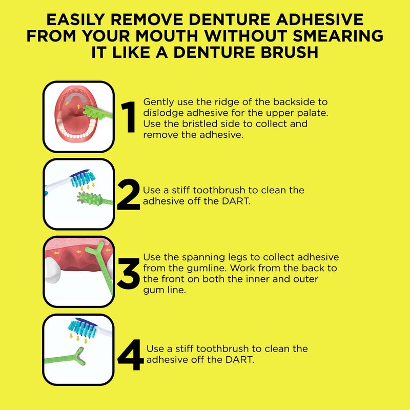 DENTURE DART مزيل لاصق طقم الأسنان دارت V2 من البلاستيك الصلب - إزالة لاصق طقم الأسنان من الفم واللثة، أداة إزالة لاصق طقم الأسنان، نظافة الفم، مكشطة بمقبض محكم وشعيرات صلبة - Image 2