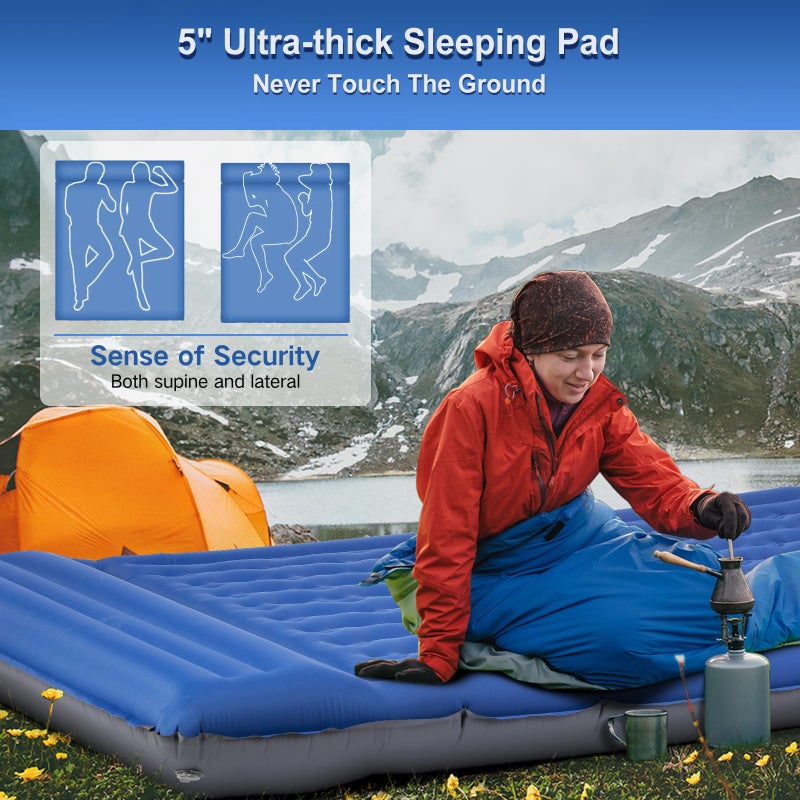 FNARMW Double Sleeping Pad Camping, Self Inflating 6'' Extra-Thick 2 Person Pillow Built-in Foot Pump Waterproof Inflatable Sleeping Mat Backpacking, Tent, Hiking, Portable Camping Pad (Navy Grey) - Image 2