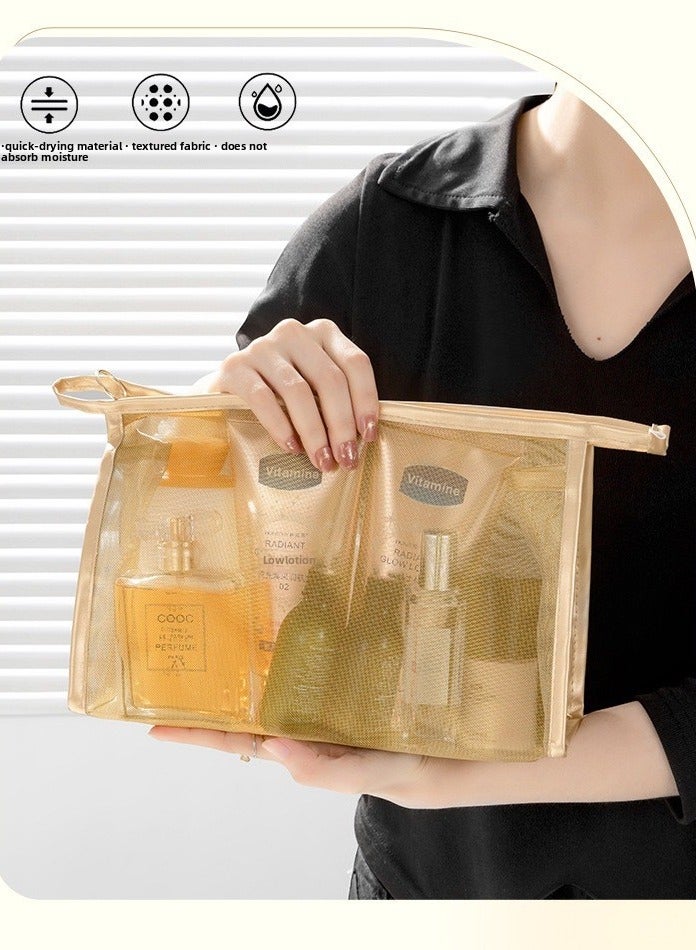 Portable  Cosmetic Makeup Bag  for Women and Girls, Nylon Mesh Makeup Bag (gold), Travel Portable Toiletry Bag - Image 1