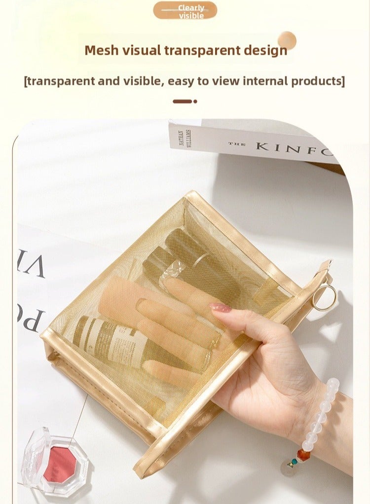 Portable  Cosmetic Makeup Bag  for Women and Girls, Nylon Mesh Makeup Bag (gold), Travel Portable Toiletry Bag - Image 4