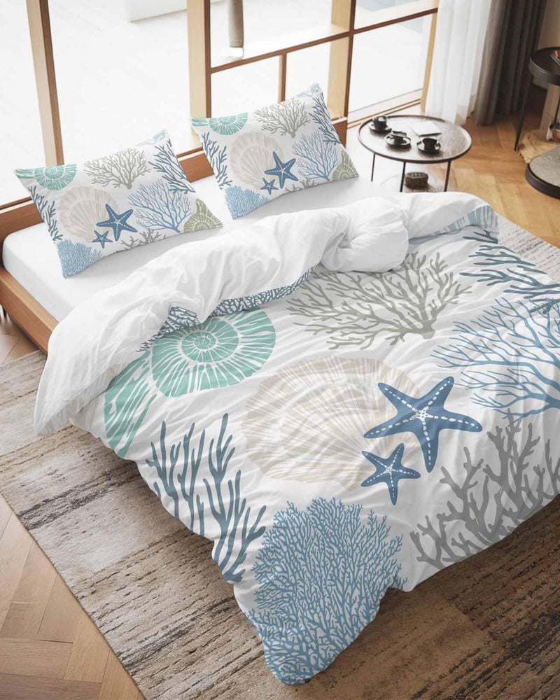 Duvet Cover Set California King Size Nautical Coastal Ocean Coral Comforter Sets 3 Pieces Beach Themed Blue Teal Bedding Set with Zipper Closure and 2 Pillow Cases Soft Bed Covers Bedroom Decor