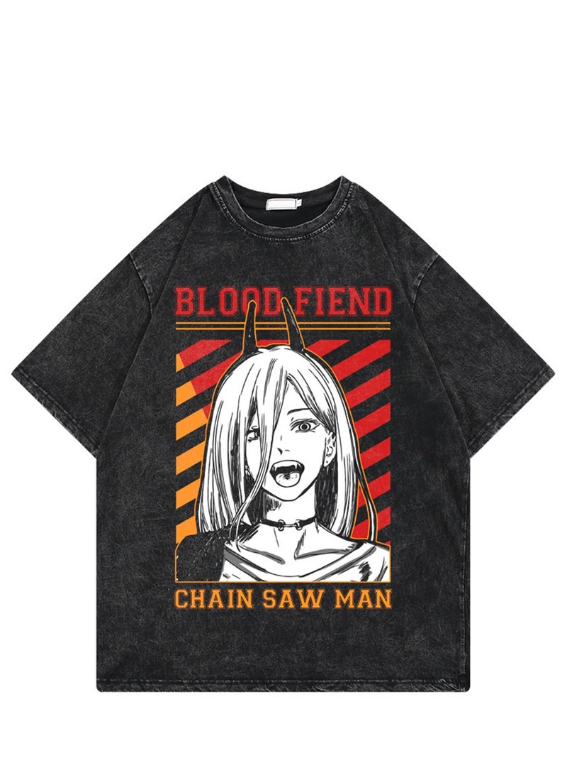 Washed retro T-shirt street hip hop anime chainsaw man casual cotton summer short sleeves - Image 1