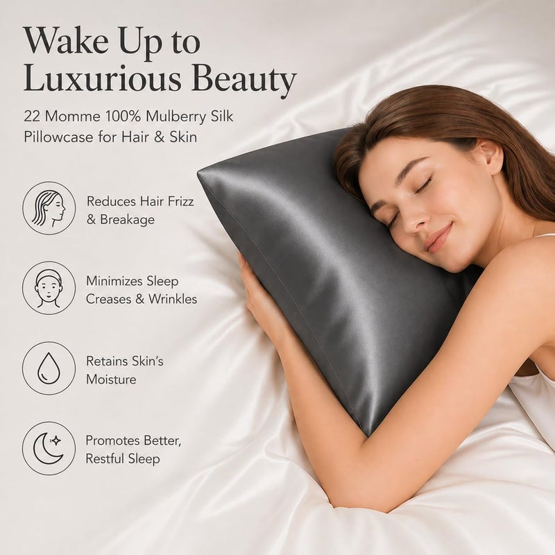 ROSEWARD Pure Mulberry Silk Pillow Cases Standard Size, Oeko-TEX Certified 100% Silk Pillowcase for Hair and Skin, Premium 22 Momme Silk Zippered Pillowcase, Dark Gray, 1 Pc 20"x26" (Standard, Slate Grey) - Image 3