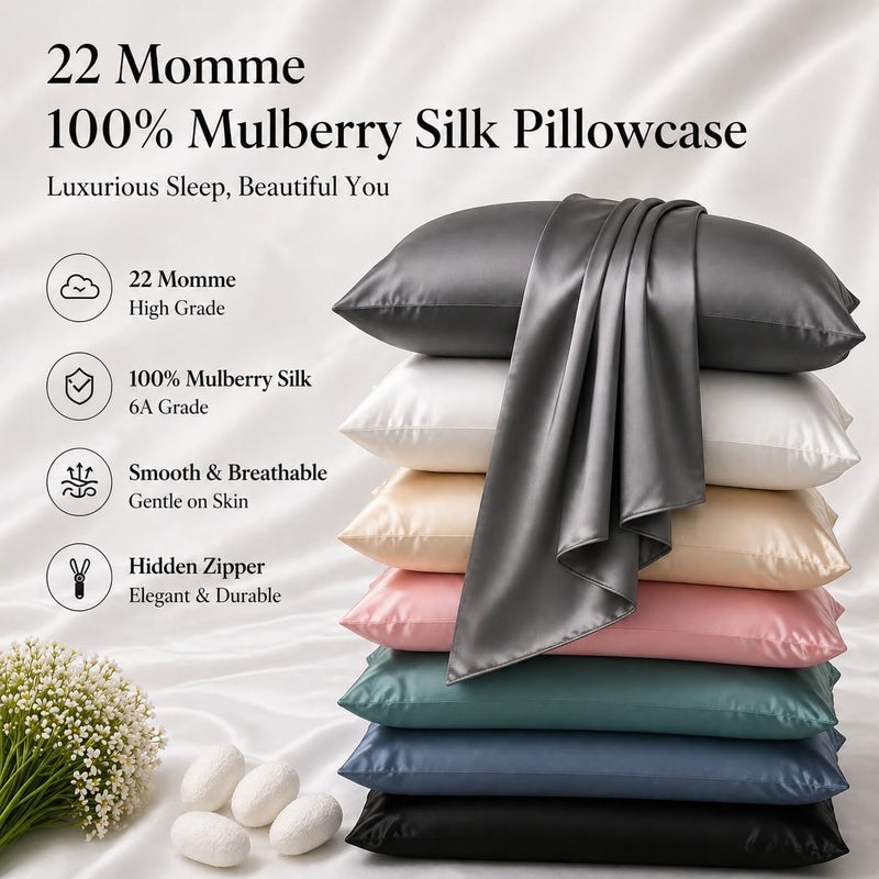 ROSEWARD Pure Mulberry Silk Pillow Cases Standard Size, Oeko-TEX Certified 100% Silk Pillowcase for Hair and Skin, Premium 22 Momme Silk Zippered Pillowcase, Dark Gray, 1 Pc 20"x26" (Standard, Slate Grey) - Image 2