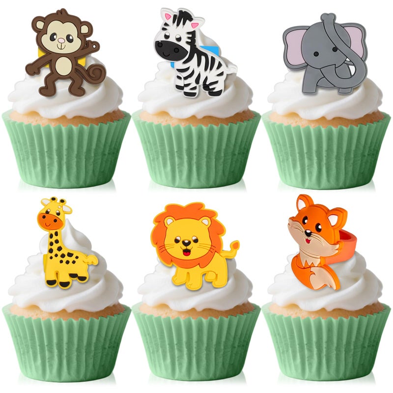 AKAIXI 24 PCS Jungle Animals Cupcake Toppers Forest Theme Cupcake Ring Lion Monkey Zebra Fox Giraffe Elephant Cake Topper for Birthday Baby Shower Oh Baby Party Favor Nursery Wild Party Supplies - Image 1