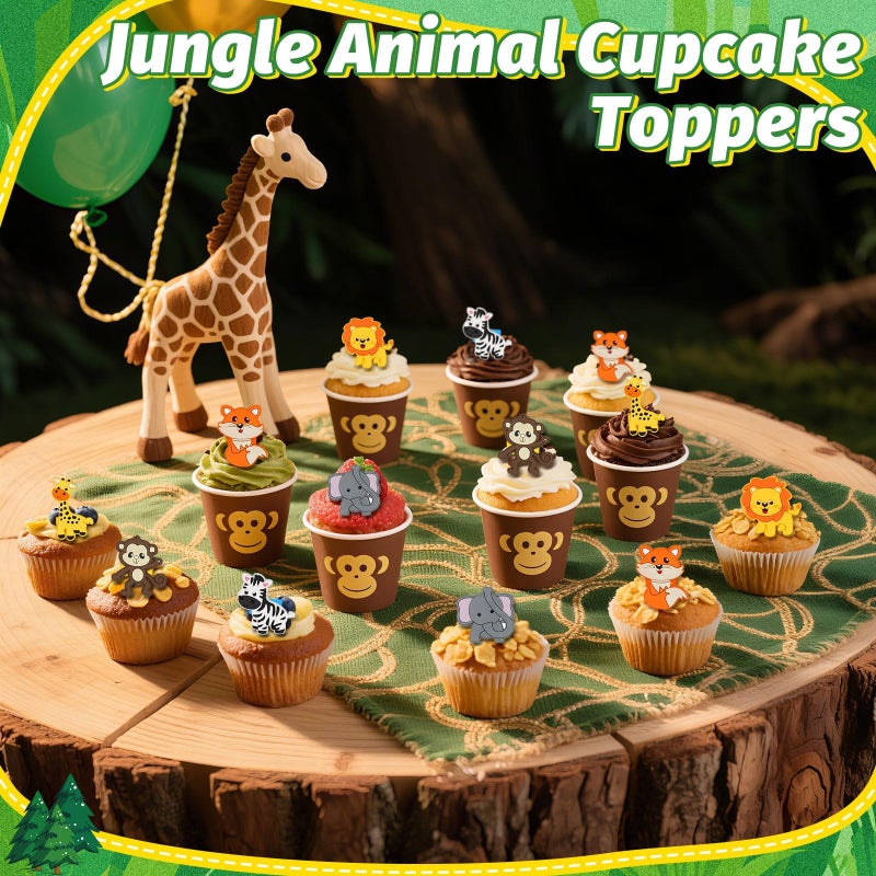 AKAIXI 24 PCS Jungle Animals Cupcake Toppers Forest Theme Cupcake Ring Lion Monkey Zebra Fox Giraffe Elephant Cake Topper for Birthday Baby Shower Oh Baby Party Favor Nursery Wild Party Supplies - Image 3