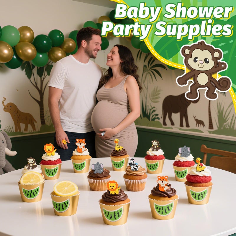 AKAIXI 24 PCS Jungle Animals Cupcake Toppers Forest Theme Cupcake Ring Lion Monkey Zebra Fox Giraffe Elephant Cake Topper for Birthday Baby Shower Oh Baby Party Favor Nursery Wild Party Supplies - Image 5