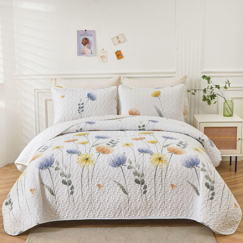 Dinjoy Floral Quilt Set King 3 Pieces Blue & Yellow Quilts Coverlet Set Bohemian Cute Bedspread Lightweight Farmhouse Bed Coverlet for Fall Winter All Season(110"x90") - Image 1