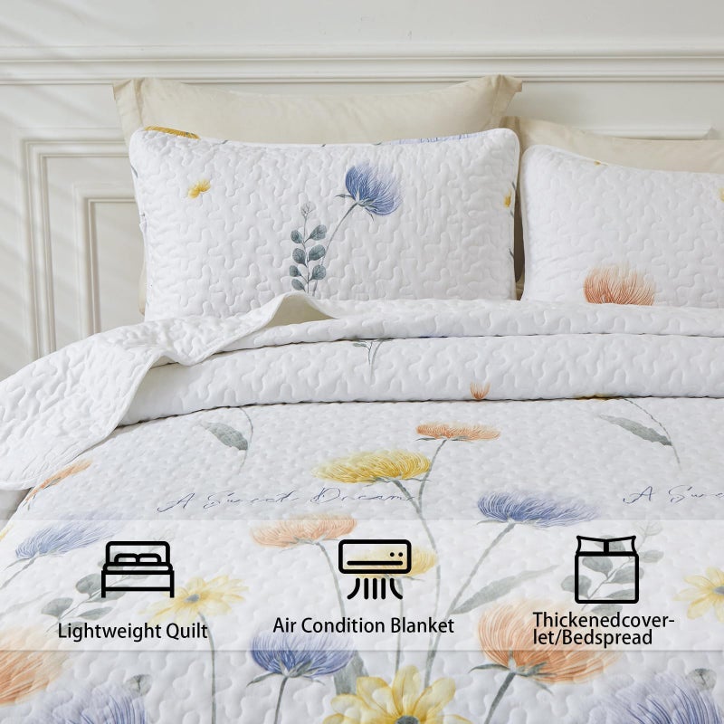 Dinjoy Floral Quilt Set King 3 Pieces Blue & Yellow Quilts Coverlet Set Bohemian Cute Bedspread Lightweight Farmhouse Bed Coverlet for Fall Winter All Season(110"x90") - Image 4