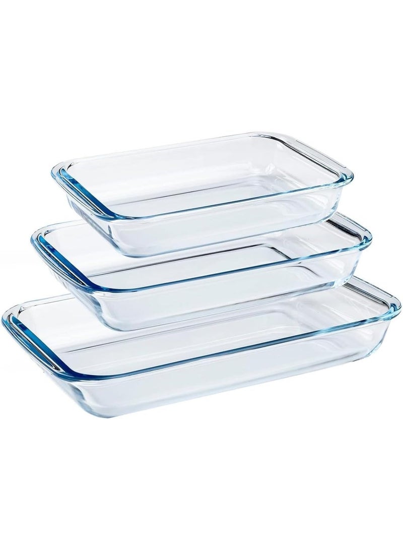ماستر جولد طقم صواني فرن زجاجية مستطيلة مقاومة للحرارة مكون من 3 قطع، سعة 1.6 + 2.2 + 2.9 لتر | طقم صواني خبز زجاجية شفافة | آمن للاستخدام في الفرن والميكروويف | صينية فرن متعددة الاستخدامات | أطباق تحميص - Image 1
