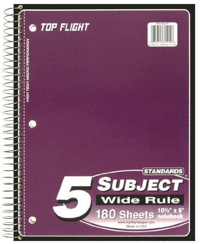Top Flight Standards 5-Subject Wirebound Notebook, 180 Sheets, 3-Hole Punched, Wide Rule, 10.5 x 8 Inches, 1 Notebook, Color May Vary (31414) - Image 4