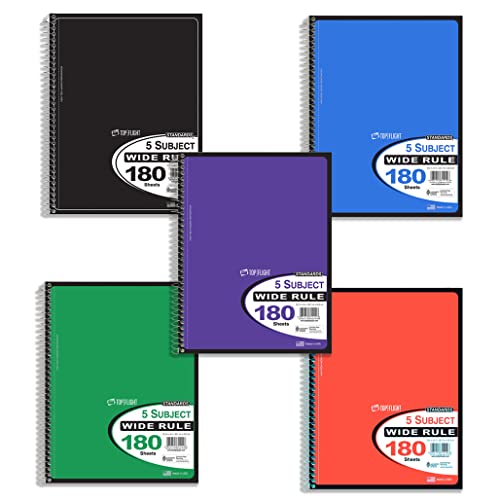 Top Flight Standards 5-Subject Wirebound Notebook, 180 Sheets, 3-Hole Punched, Wide Rule, 10.5 x 8 Inches, 1 Notebook, Color May Vary (31414) - Image 3