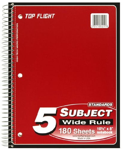 Top Flight Standards 5-Subject Wirebound Notebook, 180 Sheets, 3-Hole Punched, Wide Rule, 10.5 x 8 Inches, 1 Notebook, Color May Vary (31414) - Image 5