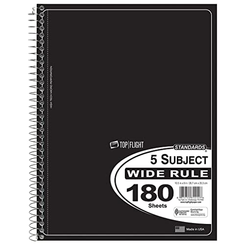 Top Flight Standards 5-Subject Wirebound Notebook, 180 Sheets, 3-Hole Punched, Wide Rule, 10.5 x 8 Inches, 1 Notebook, Color May Vary (31414) - Image 1