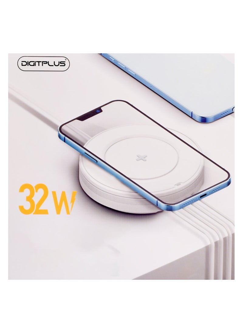 Digit Plus 32W Desktop Wireless Charger supports PD and QC3.0 fast charging protocol, can charge mobile phones and tablets at low speed. Effectively avoid heating or overheating.